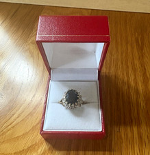 9ct Yellow Gold Oval Black Sapphire Halo Cocktail Ring Size N Hallmarked