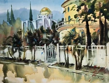 Original Watercolor Abkhazia Architecture Painting - Cityscape Wall Art, 9"x12"