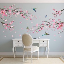 Pink Watercolor Cherry Blossom Wall Stickers - Tree Branch Flower Birds Wall ...