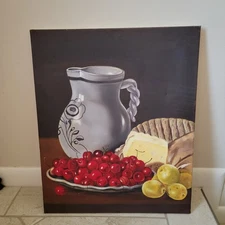 Large still life food and drink painting red cherries jug cheese yellow apples