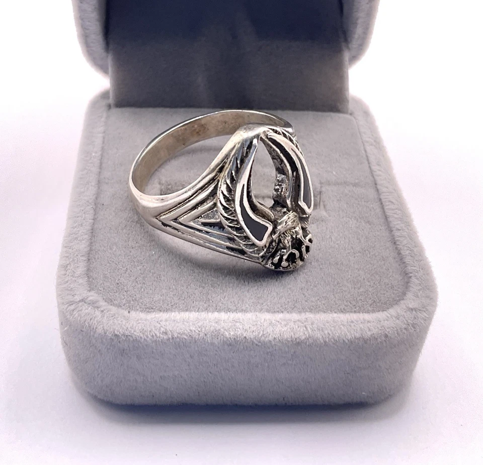 Винтажное мужское байкерское кольцо Gordon Smith G&S инкрустация лысый орел оникс США размер 10 - Изображение 3 из 4