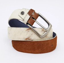 Stylish Brown and White Cowhide Belt with a Silver Buckle  Concho Genuine Belt