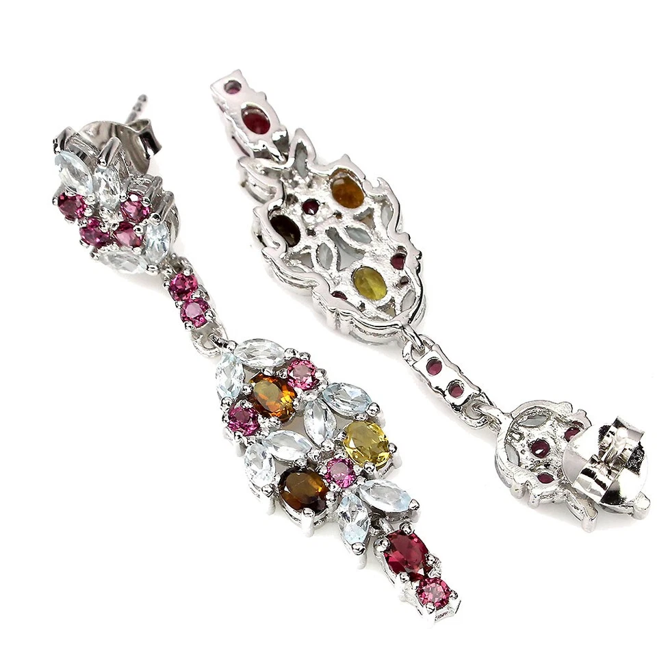 Pendientes de plata de ley 925 ovalados turmalina aguamarina rodolita piedras preciosas Foto 3 de 4