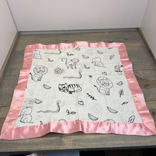 New BULLABALOO Bamboo Muslin Satin Trim Pink animals Security Blanket/Lovey