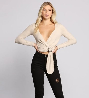 WINDSOR Beige Y2K mock Wrap tied O-ring V-neck blouse crop Shirt *SMALL*