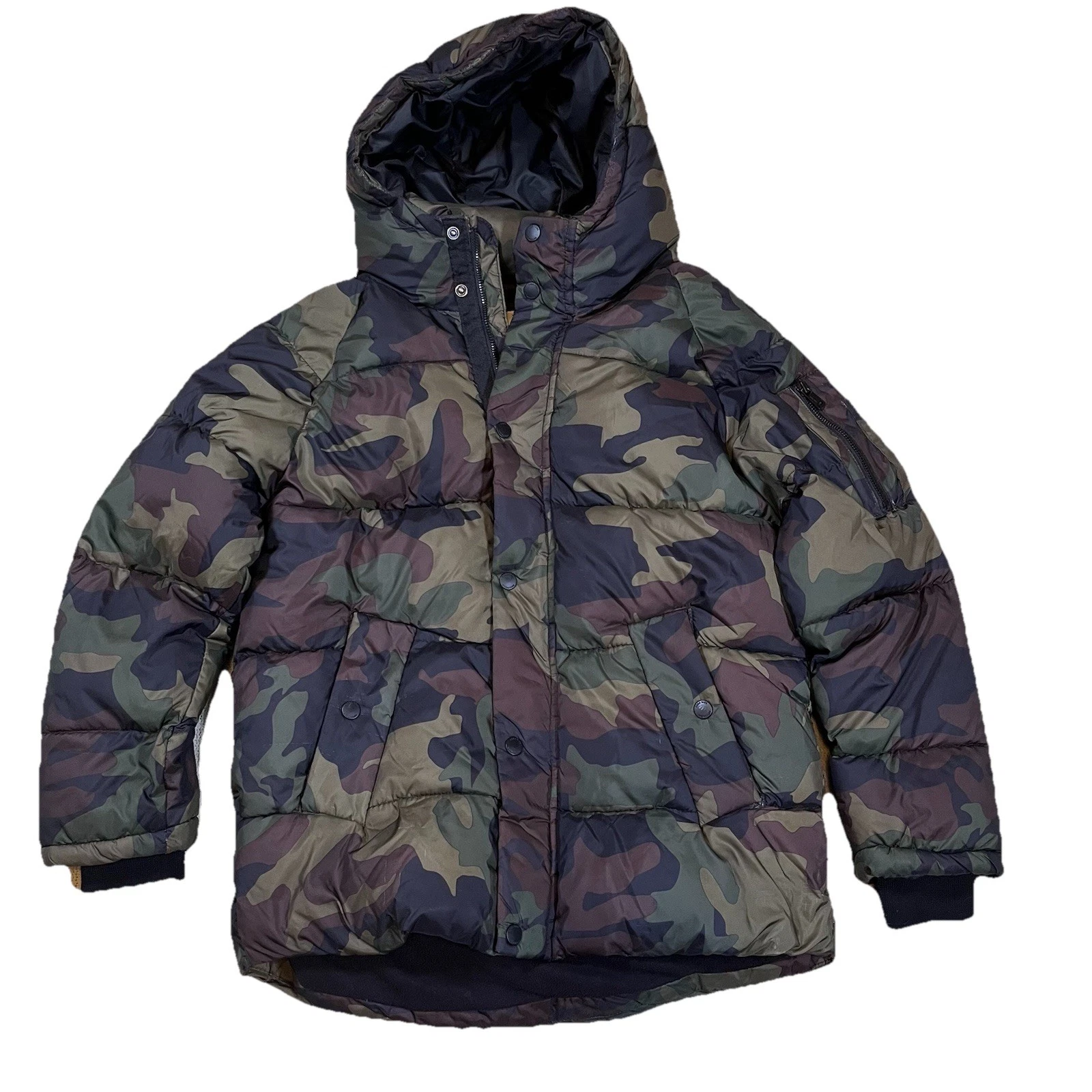 Zara Kids Hooded Puffer Jacket Size 11/12 Green Camouflage Coat Zip Pockets