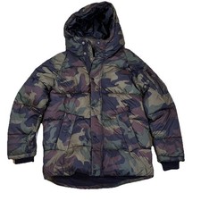 Zara Kids Hooded Puffer Jacket Size 11/12 Green Camouflage Coat Zip Pockets