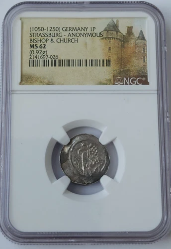 GERMANY • STRASSBURG Silver Coin 1 PFENNIG 1050 - 1250 BISHOP & CHURCH NGC MS62