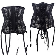 Women Sexy Suspenders Waist Cincher Erotic Lace Black Corset Basque Size 6 / S