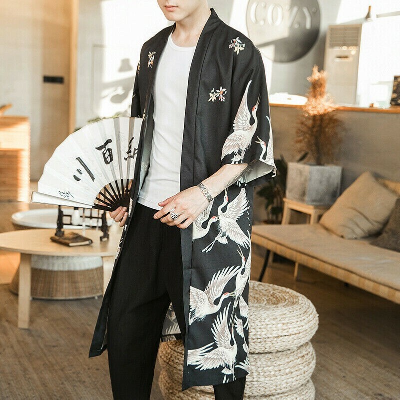 Herren Japanische Kimono Mantel Locker Yukata Outwearlinie Lang Bademantel  Top