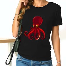 Stylish Black T-Shirt with Crimson Octopus Graphic and Golden Eyes -All-cotton
