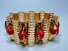 Bracciale ottone dorato epoca art deco anni '30 pannello link braccialetto perline bachelite rosse