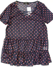 NAIF Navy Polka Dot Lace-Up Front Sheer Flare Hem Blouse Top Size M NWT