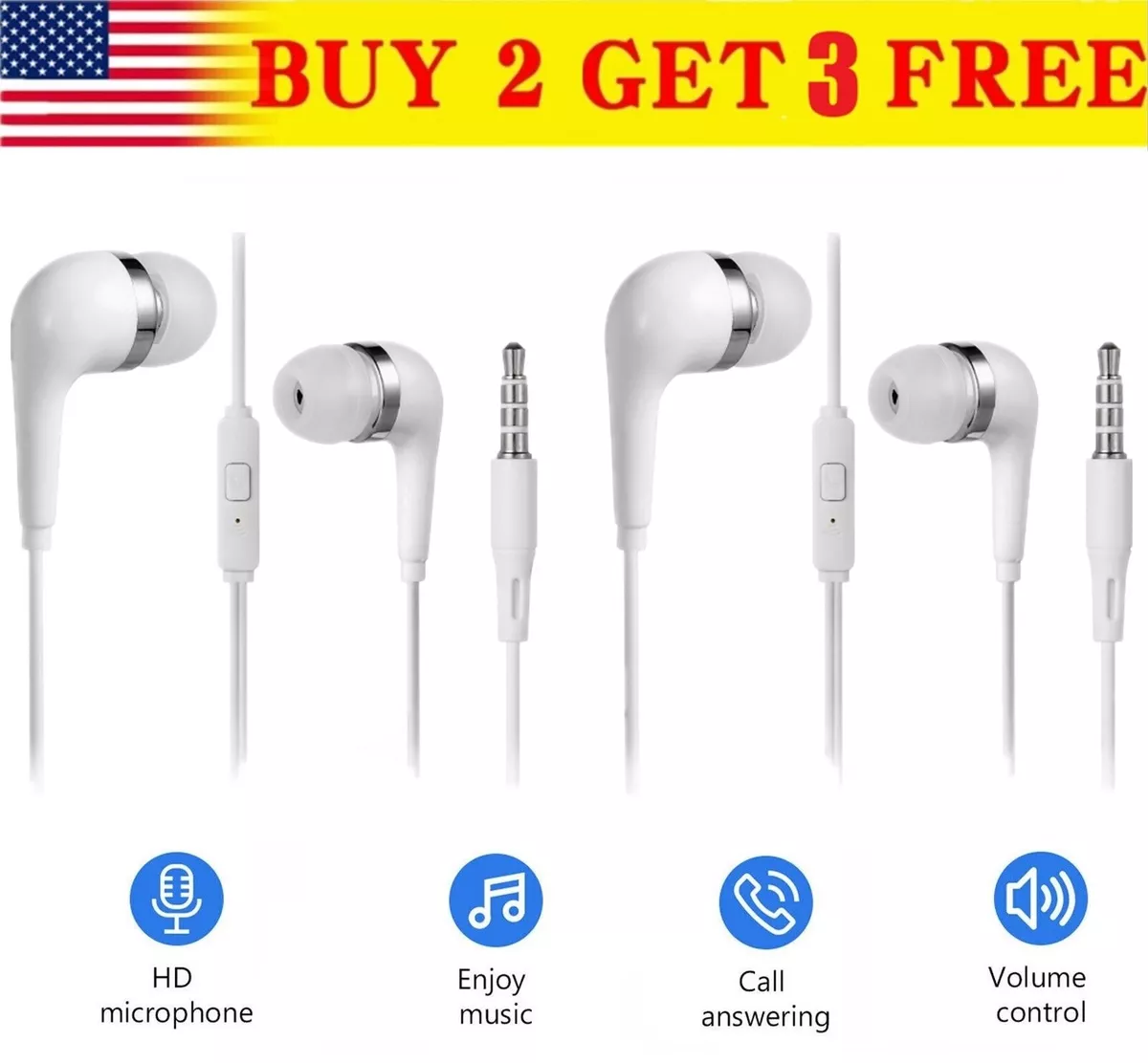  2 Pack with Apple Earbuds 3.5mm Wired Earbuds