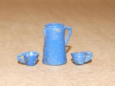 Vintage Miniature Doll House Blue Enamel Ware Coffee Pot  2 Cups