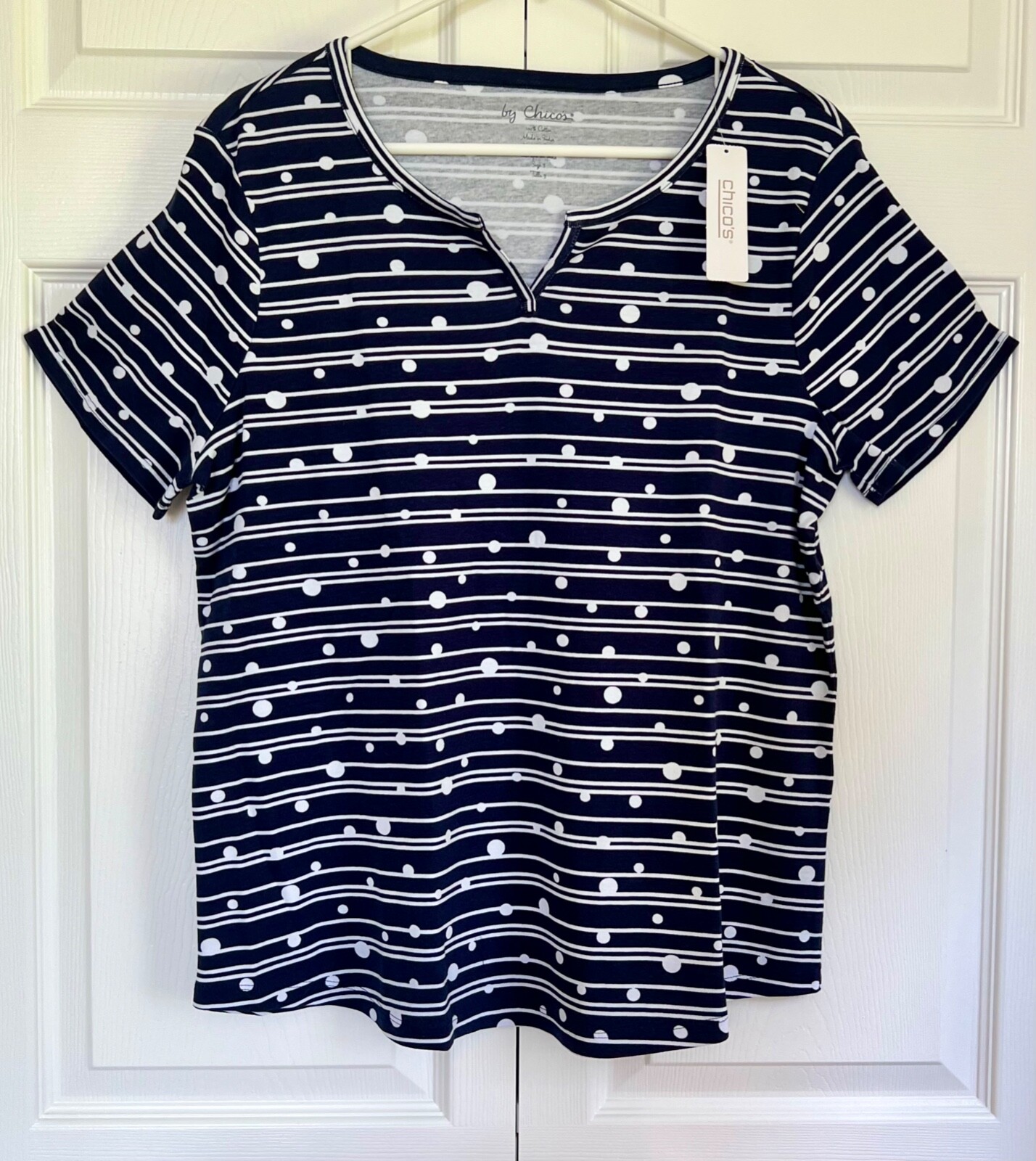 Chico's NWT Size 3 $45 Ribbon Dot Soffie Split-Neck Cotton S/S Tee Top ...
