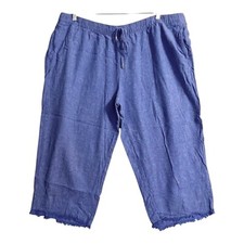 Susan Graver Pure Easy Linen Crop Pants- Faded Chambray Fray Hem Petite XL EUC