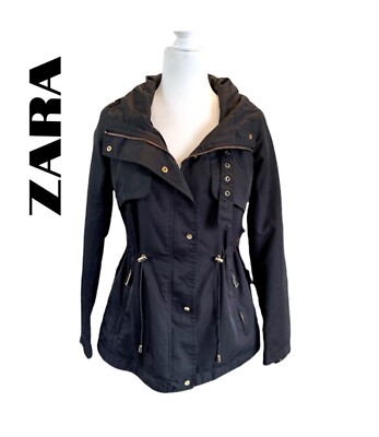 Zara Basic Outerwear Ladies Black Utility Jacket With Hood Size XS