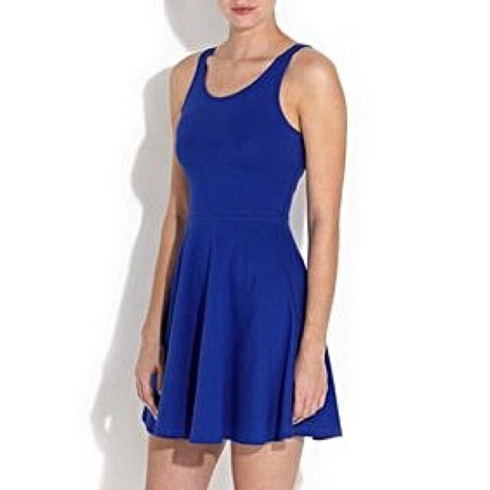 Hu0026M Royal Cobalt Blue Scoop Neck Skater Dress Open V Plunge Back Mini Dress  | eBay