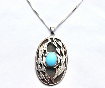 VTG SS 925 MEXICO TAXCO PEACOCK TURQUOISE PENDANT & NECKLACE CEL EAGLE MARK