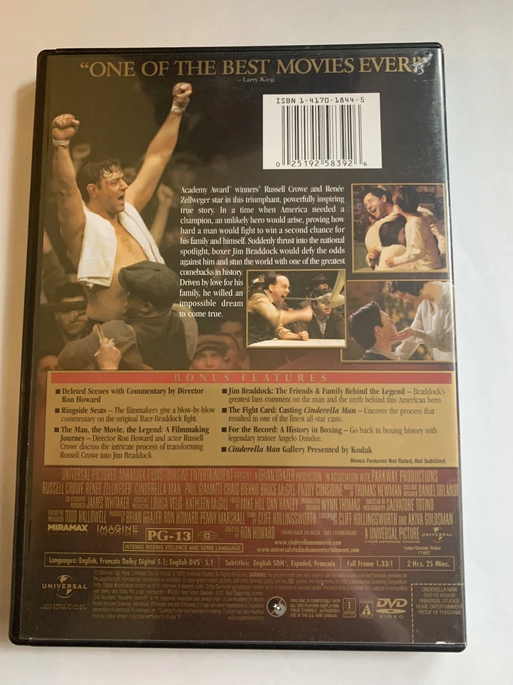 Cinderella Man (DVD, 2005, Full Frame) Russell Crowe & Renee Zellweger - Image 2 of 2