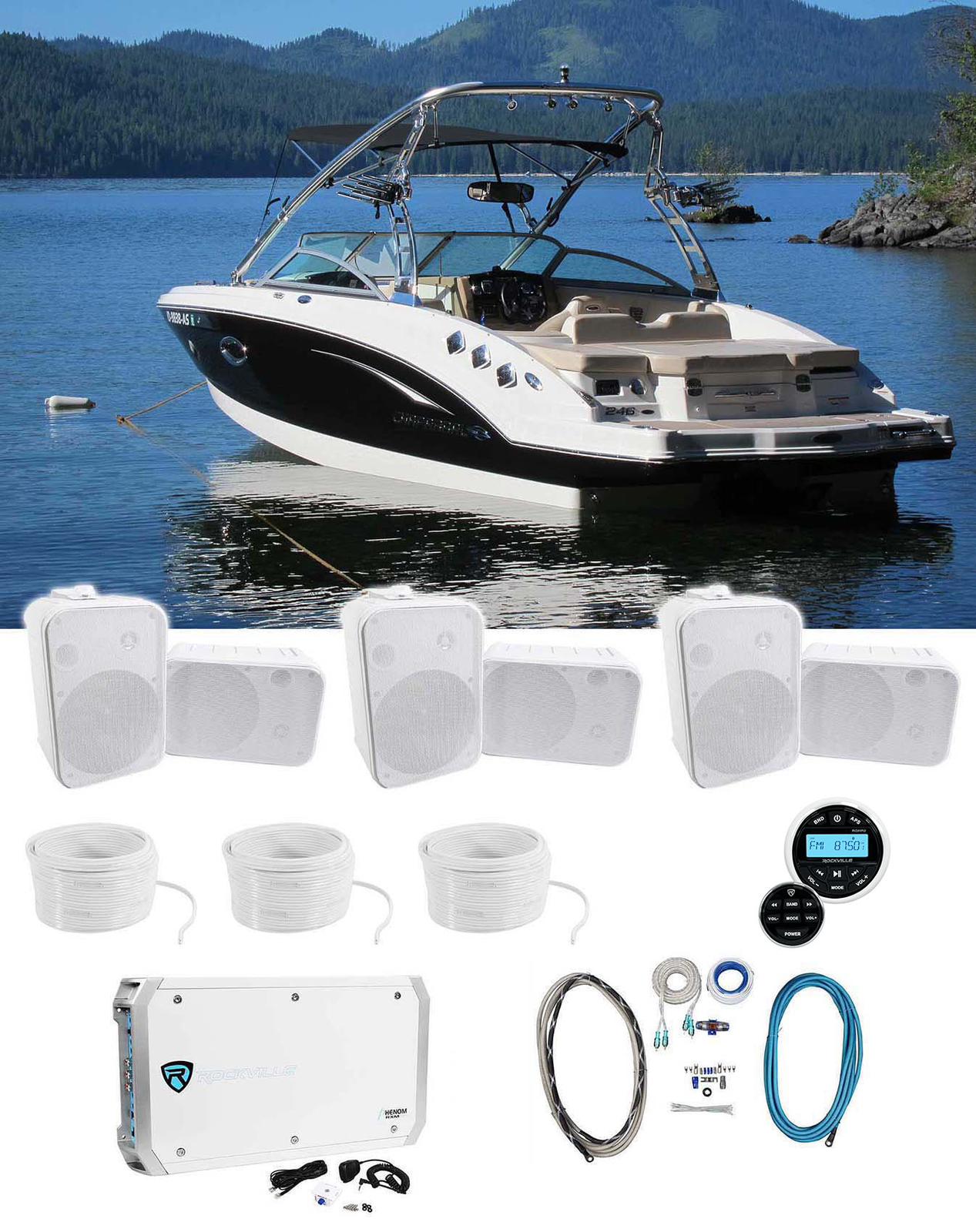 Морской измерительный приемник Rockville RGHR2 с Bluetooth пультом дистанционного управления 6 65-дюймовыми динамиками для лодок 93190₽