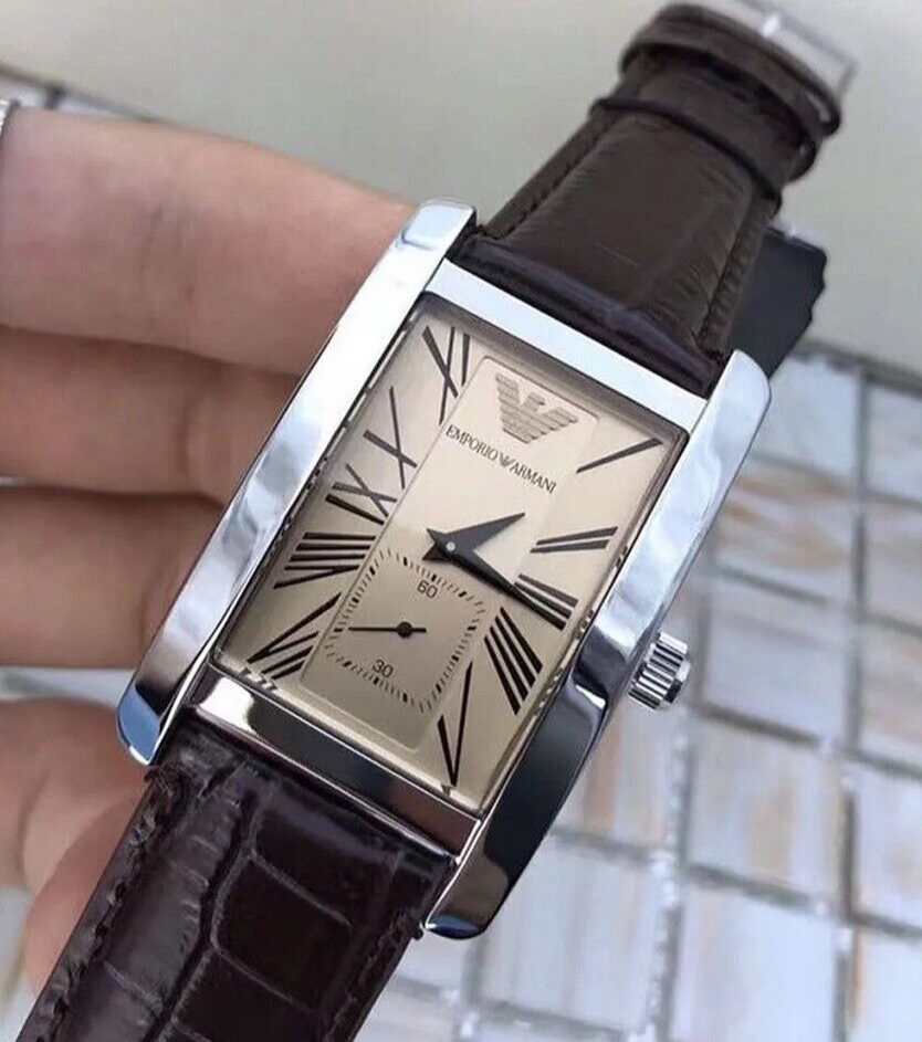 EMPORIO ARMANI AR0154 RECTANGLE MENS WATCH BROWN LEATHER STRAP