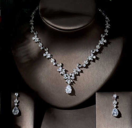 18K Platinum Plated Necklace Earrings Set made w Swarovski Crystal Bridal Jewel - Picture 4 of 26