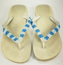 HAVAIANAS Flip Flops Women s US Sz 7/8 Blue White Beaded Straps