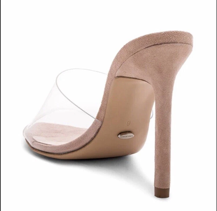 NWT Tony Bianco Marley Mule Stiletto Heels Pointed Open Toe Clear Vynalite Blush