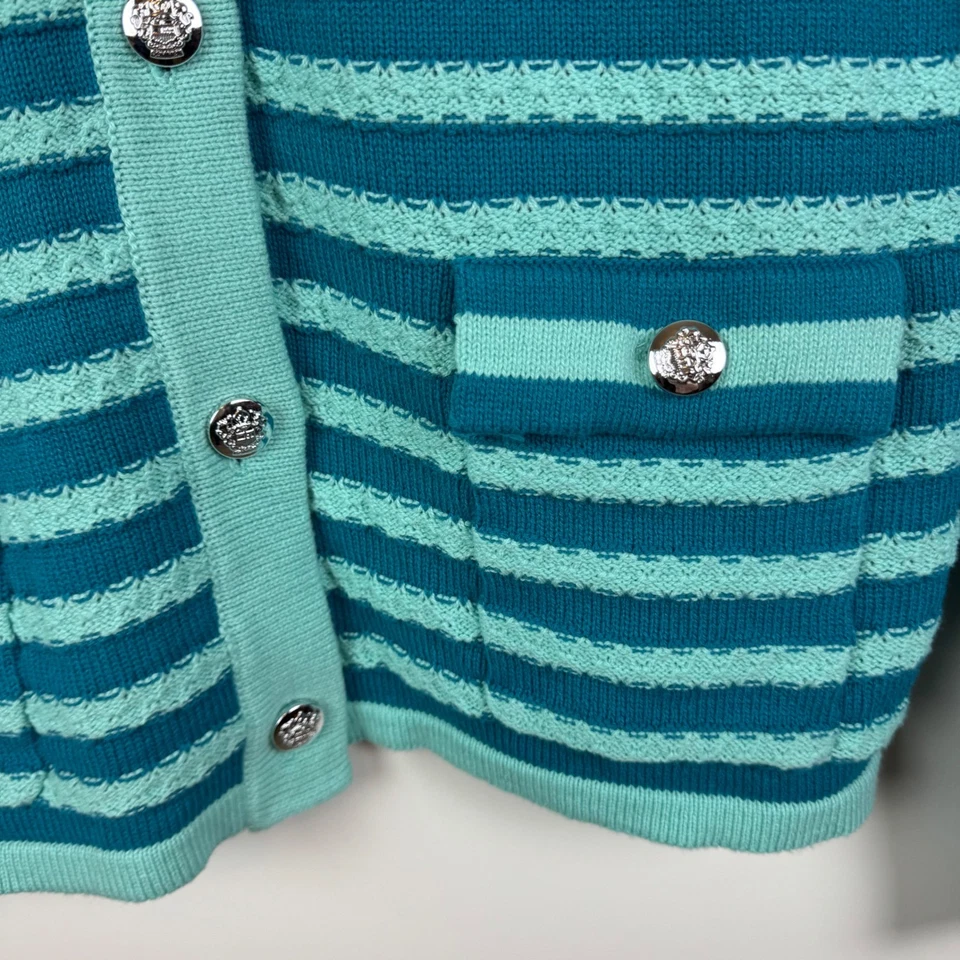 Isaac Mizrahi Live! Cárdigan suéter a rayas con botones delanteros mediano verde azulado Academia Foto 2 de 4