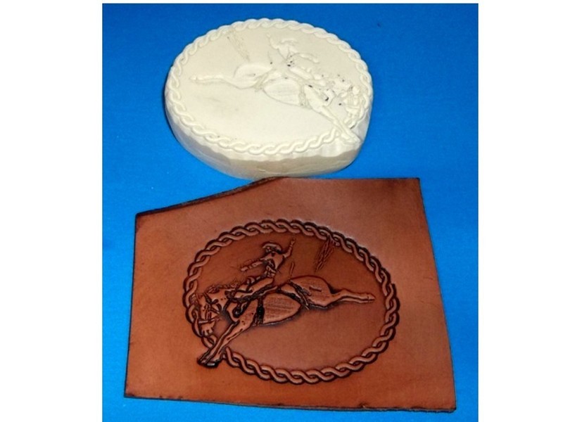 Rodeo Bronc Rider Oval Leather Emboss Plate 3 1/4" x 2 1/2"