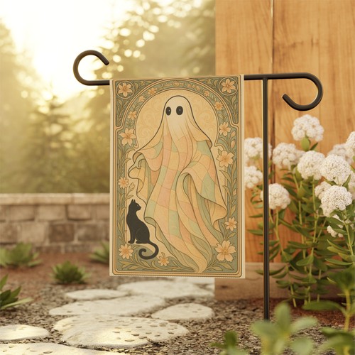 Art Nouveau Fantasma Gato Negro Elegante Vintage Halloween Jardín Bandera - Imagen 2 de 10