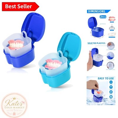 Compact Travel Denture Storage Cases - Set of 2 Light Blue and Blue Containers