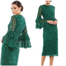 NWT Mac Duggal 10802 Sequin ruffle Sleeve midi Emerald Green modest  Dress sz 2 