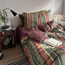 Vintage Striped Duvet Cover Set Full Size 3 Piece 100 Washed Cotton Bedding...