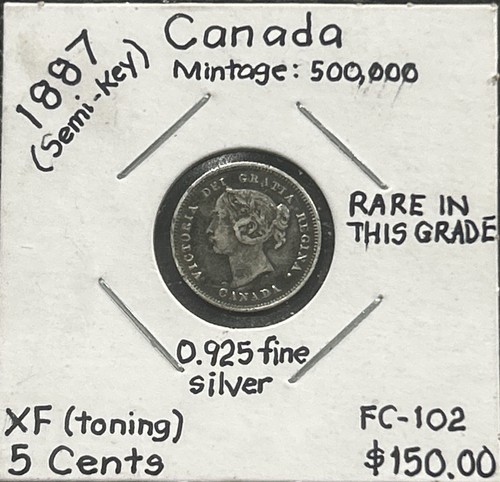 1887 Semi-key - Canada 5 Cents  - XF Toning - 0.925 Fine Silver - Mintage 500 K