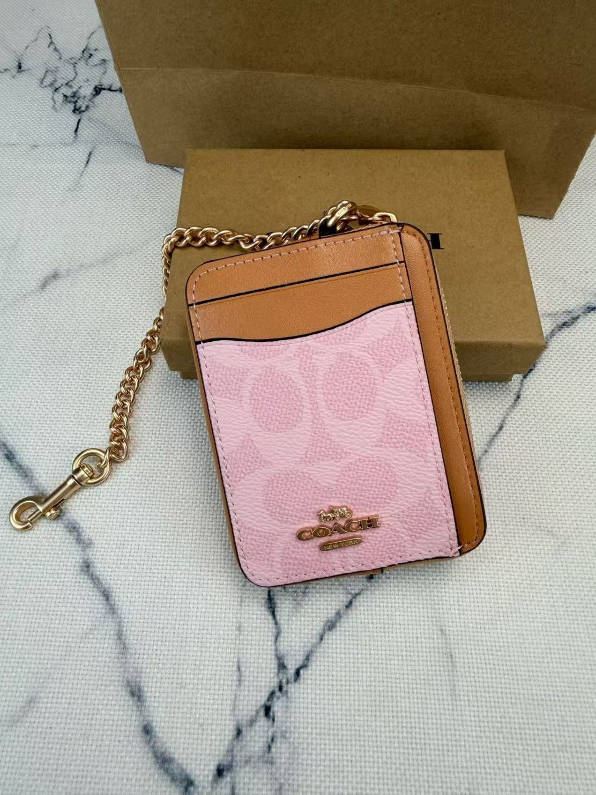 NWT Coach Zip Card Case In Signature Canvas With Charm CEC50 Powder Pink W/BOX