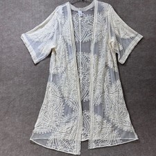 Cream Lace Kimono Cardigan Duster Open Front Boho Festival Lightweight L XL