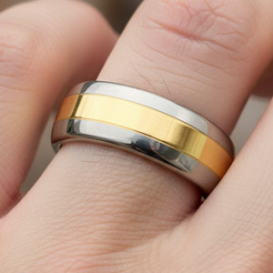 Men's 8mm Two-Tone Tungsten Ring – polished Silver with Bold Gold Center Band