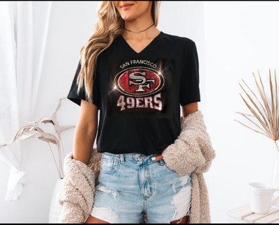 San Francisco 49ers UNISEX New Crewneck or VNeck Bling Tshirt for Women Sm -4X