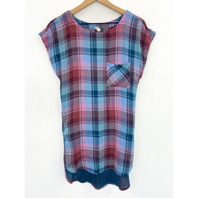 Anthropologie Gauzy Plaid High Low Tunic Top Akemi + Kin Cap Sleeves Small FLAW