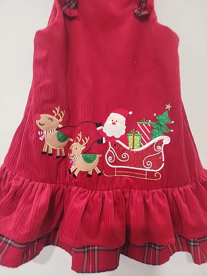 Rare Editions Girls 4T Red Santa Overall Corduroy Christmas Dress - Image 3 of 4