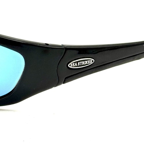 Sea Strike Designer Wrap Sunglasses Glossy Black Fashion Frame Blue Mirror Lens - Picture 5 of 13
