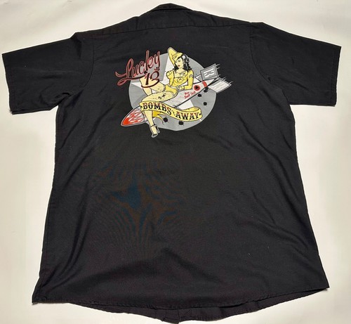 ORIGINAL Lucky 13 Collared Shirt Men LARGE Black Button Up Pinup Girl BOMBS AWAY