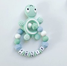 Anneau de Dentition Préhension Hochet avec Noms Nom au Choix en Silicone Menthe