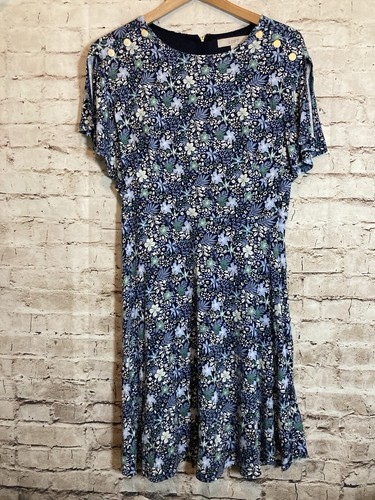 LOFT Dress Womens 6 A Line Navy Blue Micro Florals Slit Sleeve Stretch Flowy