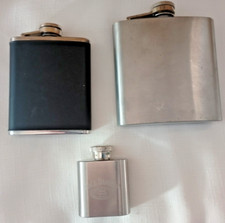 3 vintage hip flasks all stainless - JACK DANIELS OLD NO7 BRAND & 2 OTHER FLASKS