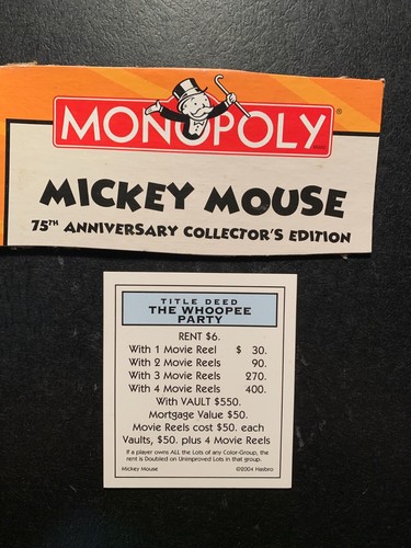 Monopoly Mickey Mouse THE WHOOPEE PARTY Title Deed Card 75th Aninnversary  2004 - Picture 1 of 4