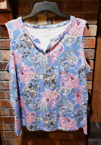 TALBOTS-2X-Blue with Pink Paisley Sleeveless, V-neck Top - Picture 4 of 11